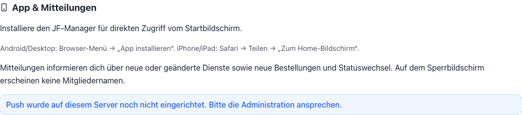 Profilabschnitt App und Mitteilungen mit Hinweis zur Servereinrichtung