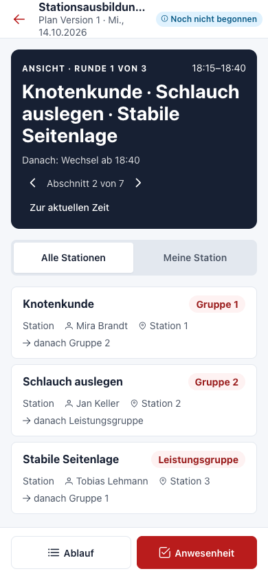 Mobile Durchführung mit aktuellem Abschnitt und Stationen