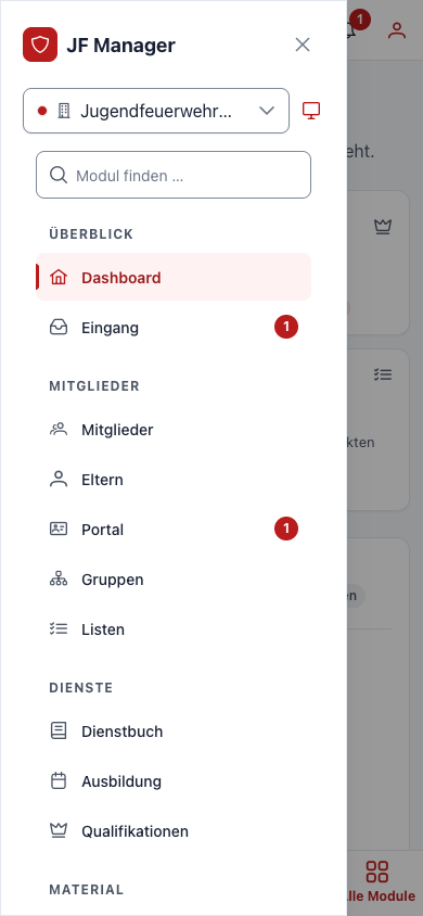 Mobile Navigation mit Schnellzugriff und allen Modulen