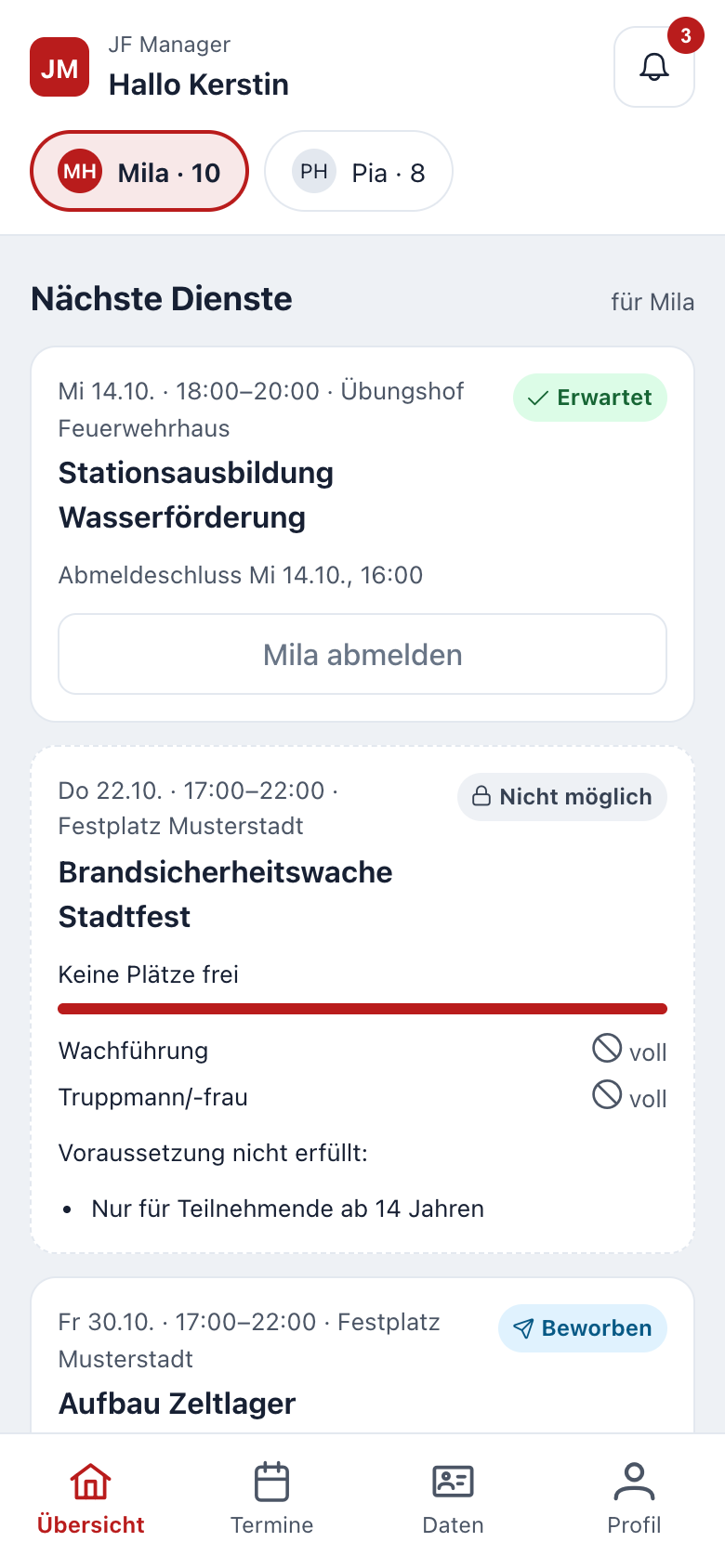 Portal-Übersicht mit den nächsten Diensten des gewählten Kindes