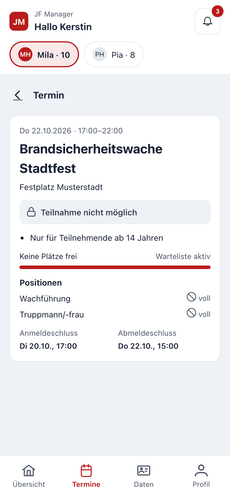 Termin mit Positionen, freien Plätzen und Warteliste