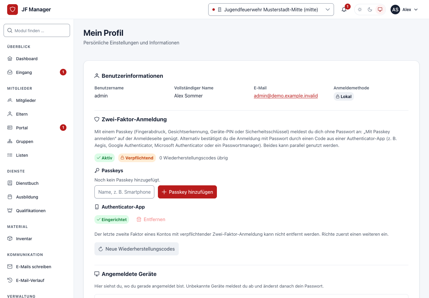 Persönliches Profil mit Zwei-Faktor-Anmeldung und Passkeys