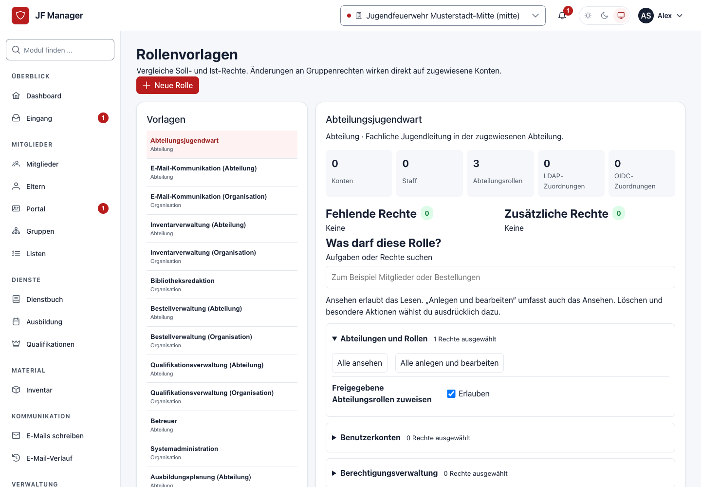 Gebündelte Rechteauswahl nach Aufgabenbereichen