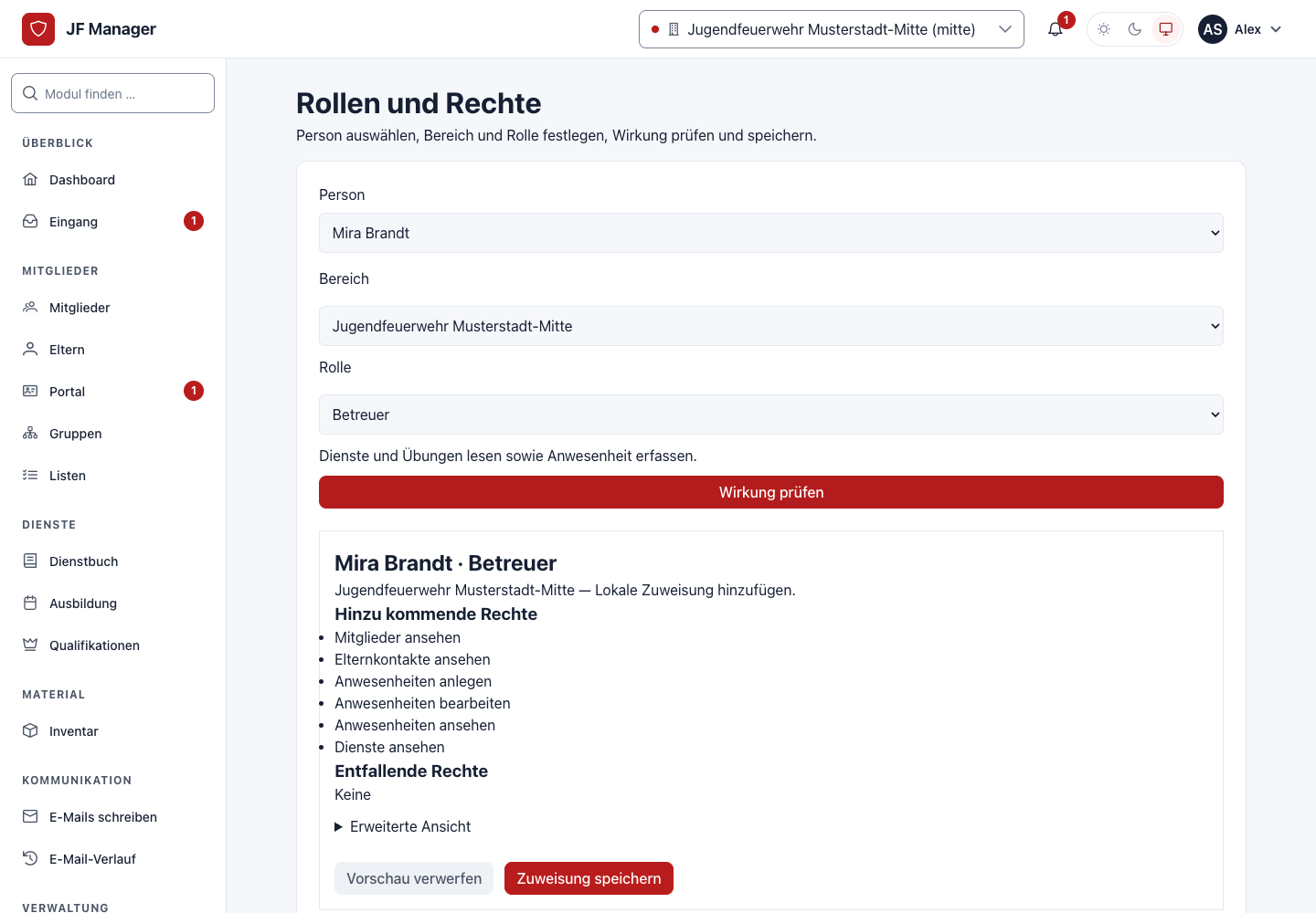 Wirkungsvorschau für eine fiktive Betreuerzuweisung