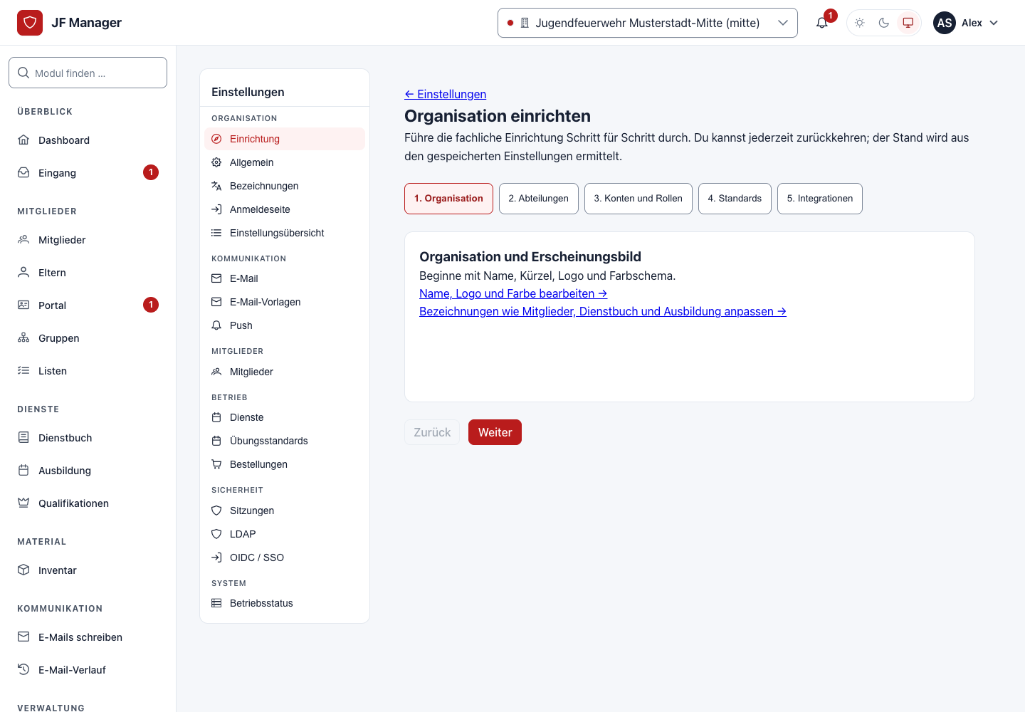 Einrichtungsassistent mit vorhandenen Organisationseinstellungen