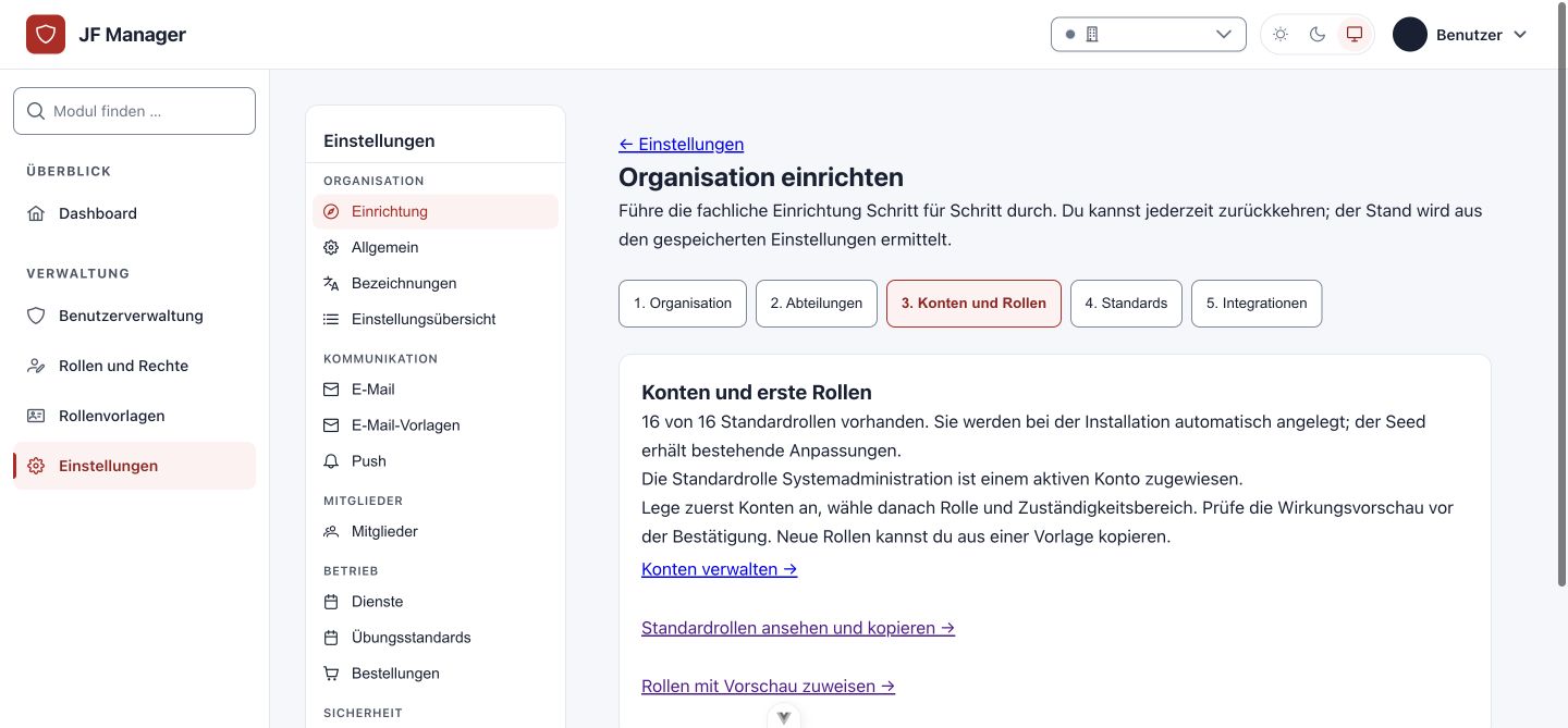 Einrichtung mit 16 Standardrollen und bestehenden Webverwaltungen
