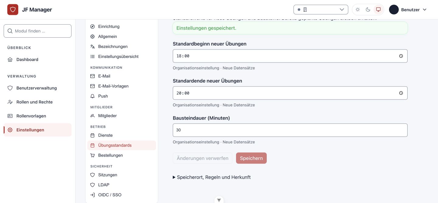 Gespeicherte Übungsstandards mit Herkunft und Wirksamkeit